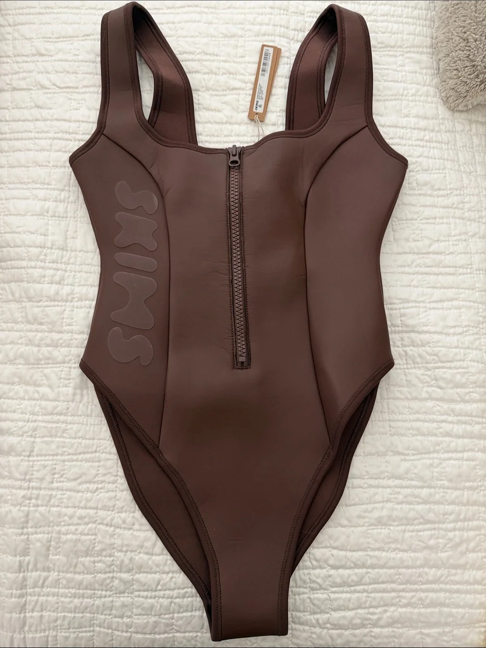 SKIMS Chocolate Brown Zip-Front One-Piece Swimsuit